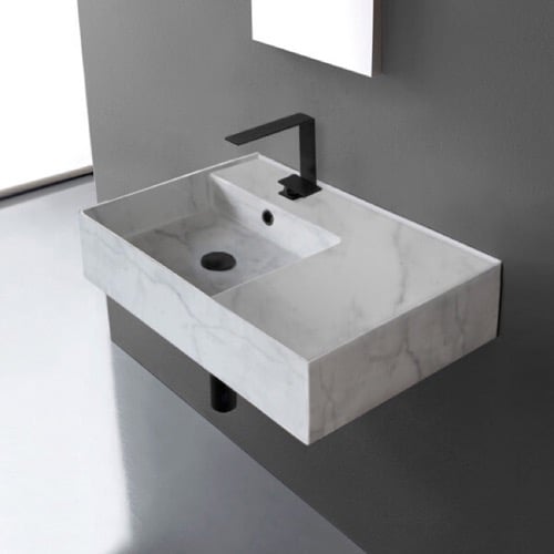 Marble Design Ceramic Wall Mounted or Vessel Sink With Counter Space Scarabeo 5114-F
